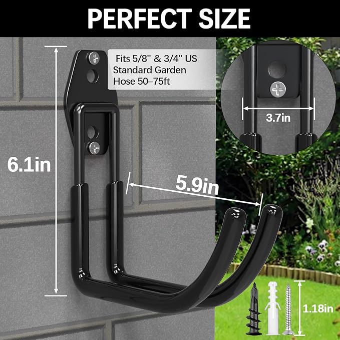 3-H Garden Hose Holder Wall Mount 4 Pack Solid Steel 5.9 Inch Extended Arm Compact Hose Hanger Heavy Duty Water Hose Holders for Outside,Black
