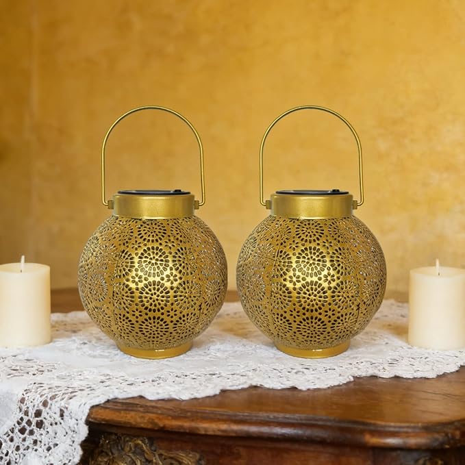 Solar Lanterns Outdoor Hanging 2 Pack, Waterproof Metal Garden Lights with Polka Dot Cutout Design, Dusk to Dawn Auto On/Off LED Decorative Lamp for Patio Porch Yard Tabletop, Shiny Gold