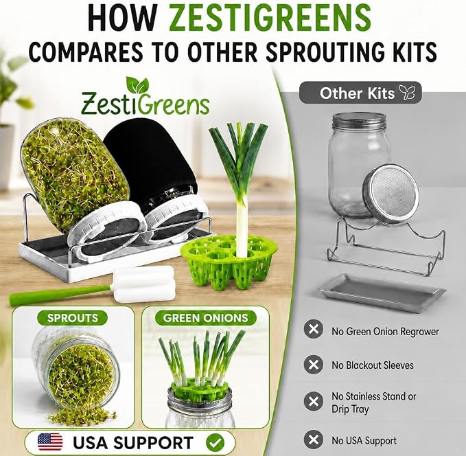 Sprouting Jar Kit - 2 Wide-Mouth Mason Jars with Stand and Sprout Lids | Green onion regrower, sprout lids and drain tray for growing broccoli, alfalfa and mung bean sprouts