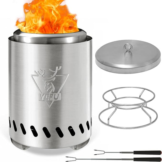 YEFU Tabletop Fire Pit 7.5 x 5.5 in, Low Smoke Camping Stove for Outdoor & Patio, Fueled by Pellets or Wood, Safe Burning Table Top Firepit, with Travel Bag & 2 Mini Sticks & Fireproof Mat, Silver