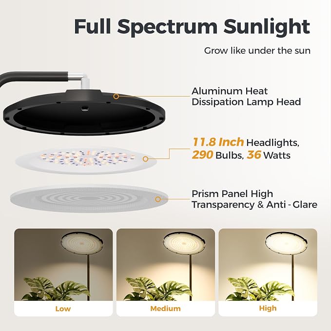 Bamworld Hanging Grow Light for Indoor Plants 12in Large Head Full Spectrum 10 Dimmable Levels LED Grow Light Long Cord Timer Garden Greenhouse Flowers Large Tall Plant Black with Upright Stand