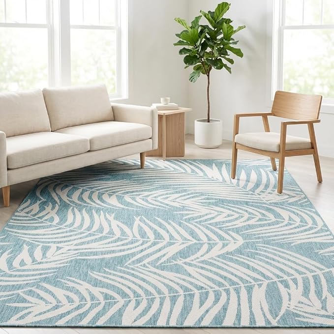 Unique Loom Outdoor Botanical Collection Area Rug - Palm (7' 1" x 10' Rectangle, Light Aqua/ Ivory)