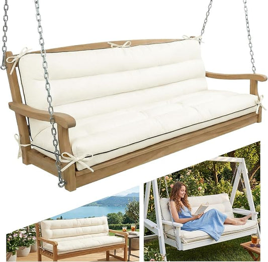 60×40 INCH Outdoor Swing Cushion with Backrest, Tie Straps & Memory Foam - Replacement for Porch Bench 2/3 Seater, Oxford Fabric (Cream, 60 INCH × 40 INCH)