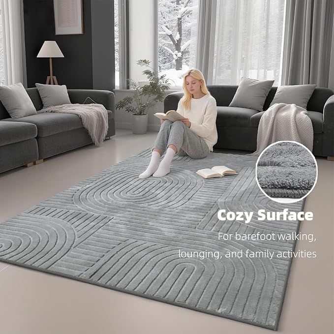 5x7 Solid Grey Area Rugs for Living Room, Washable Soft Bedroom Rug | Modern Geometric Boho High-Low Textured Fluffy Non-Slip Carpet for Bedside, Kids Room, Nursery, Entryway, Apartment, Office