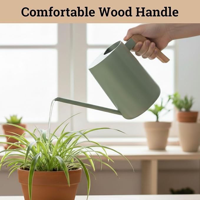 35 Ounce Metal Small Indoor Watering Can with Long Spout & Real Wood Handle for House Plants, Succulents, Cacti & Seedlings - Sage Green Long Spout Watering Can Indoor Plants - Gentle Flow & No Spills