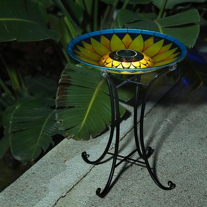 MUMTOP Outdoor Bird Bath, Large Glass Bird Baths Bowl with Metal Stand, Solar Sunflower Birdbaths for Outside Garden Lawn Yard Decor, 18”Dia 21.65”Height