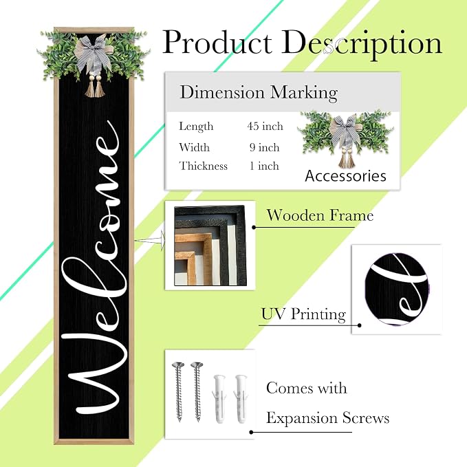 Welcome Cursive Sign for Front Porch Standing 45"X9" Tall Large Vertical Leaner Wood Framed Outdoor Wall Decor (Wood Black)
