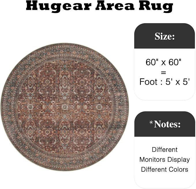5ft Round Brick Red Vintage Distressed Washable Rug for Living Room | Low Pile, Non Slip, Retro Style, Soft Distressed Round Rug for Living Room, Bedroom, Dining Room, Home Decor