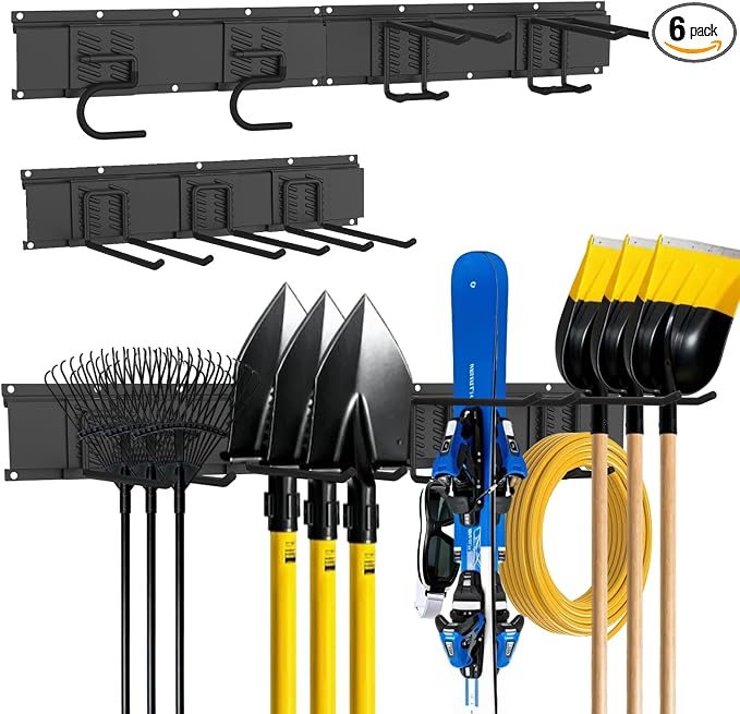 Garage Tool Organizer Wall Mount, Easy to 48inch Install Heavy-Duty Garage Storage System with 7 Adjustable Hooks, Garden Tool Rack for Shovels, Rakes, Yard Tools