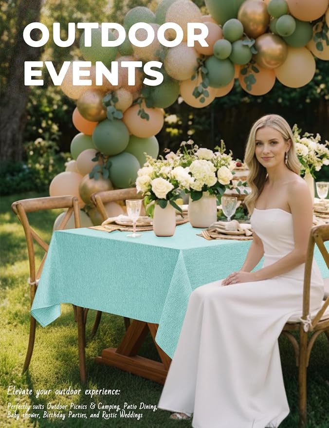 Decorelia Faux Linen Farmhouse Table Cloth 60"x104" for 6 ft Rectangle Table, Aqua Waterproof Outdoor Washable Cloth Tablecloth for Rectangular Dining Room Kitchen Outdoor Party Restaurant Decor