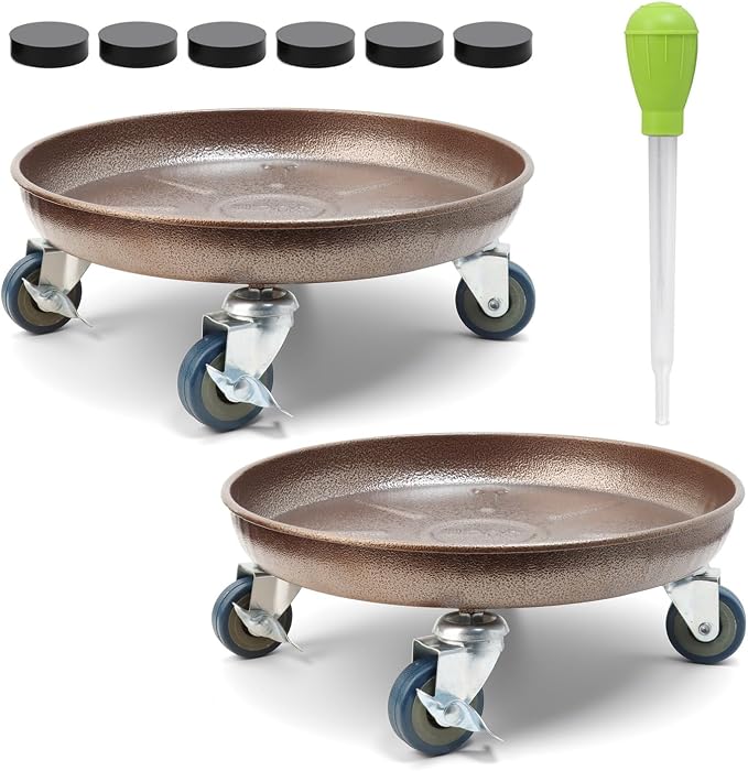 2 Pack 12.2 Inch Metal Plant Caddy With Lockable Wheels,Plant Stand Dolly for Heavy Planter,Wheeled Planter Saucer Tray,Rolling plant stand,Heavy-Duty Plant Caddy for Indoor and Outdoor(Copper)