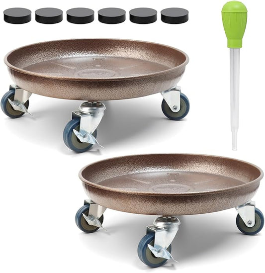 2 Pack 12.2 Inch Metal Plant Caddy With Lockable Wheels,Plant Stand Dolly for Heavy Planter,Wheeled Planter Saucer Tray,Rolling plant stand,Heavy-Duty Plant Caddy for Indoor and Outdoor(Copper)