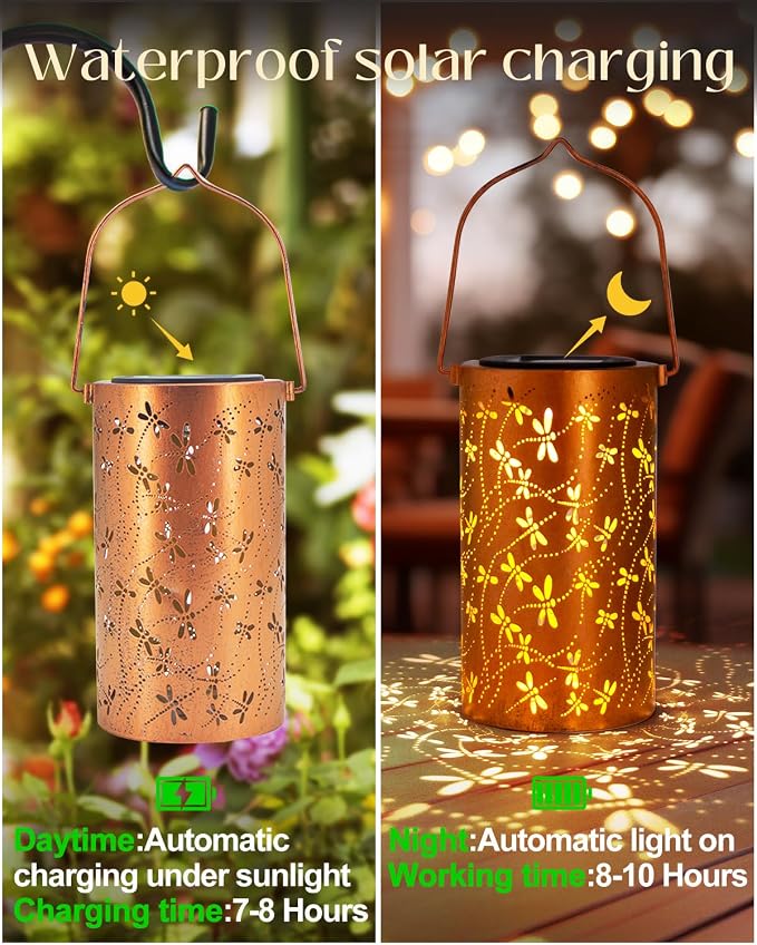 DIBIEECN Birthday Gifts for Women Mom Grandma Wife, Solar Lanterns Outdoor Waterproof, Metal Hanging Lights Garden Decor, LED Decorative Lantern for Patio Porch Backyard, Dragonfly, 4 Pack
