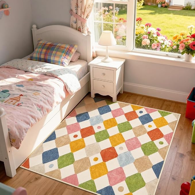 jinchan Checkered Square Rug 5x5 Washable Colorful Kids Room Play Mat | Soft, Non-Slip, Cute, Kid-Friendly, Modern Geometric Design, Cream Background, for Nursery, Playroom, Bedroom, Dorm, Daycare