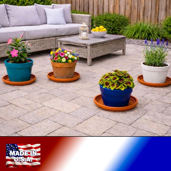 10 Inch Plant Pot Tray USA Made – Durable Plastic Flower Pot Saucer – Plant Water Catcher for Indoor Outdoor Garden (6, Classic Terracotta)
