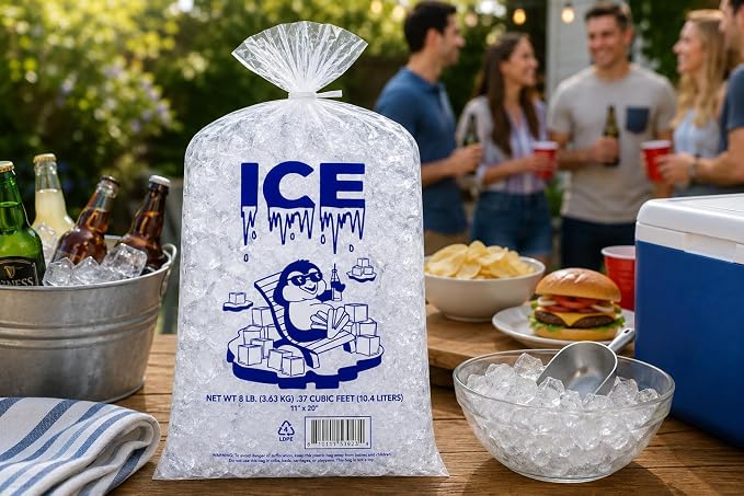Ice Bag 8 lb 11" x 20" 500 Count | Twist Ties Included | Heavy Duty Storage Bags | Retail Sales, Parties, Camping & Food Cooling | LDPE Plastic Bags | Bits N Things