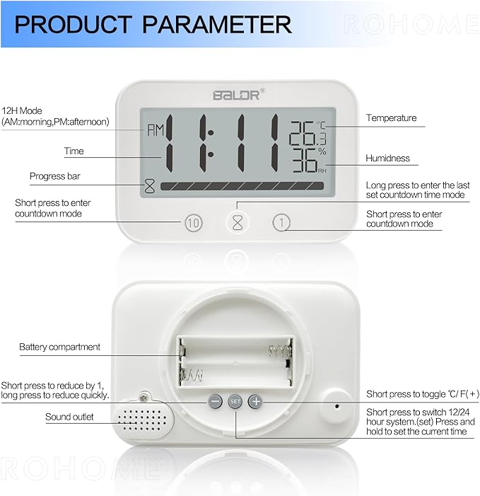 Rohome Waterproof Wall Hanging Timer Bathroom Clock, Large Digital Shower Mirror Suction Clock Thermometer Hygrometer, Visual Kitchen Cooking Countdown Timer, Bath Temperature Humidity Meter (White)