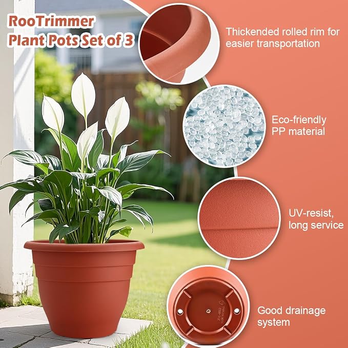 RooTrimmer 3-Pack 16 Inch Large Outdoor Plastic Plant Pots with Drainage Holes – Durable,Lightweight & Weather-Resistant Flower Planters for Patio,Garden,Balcony (Pottery Red)