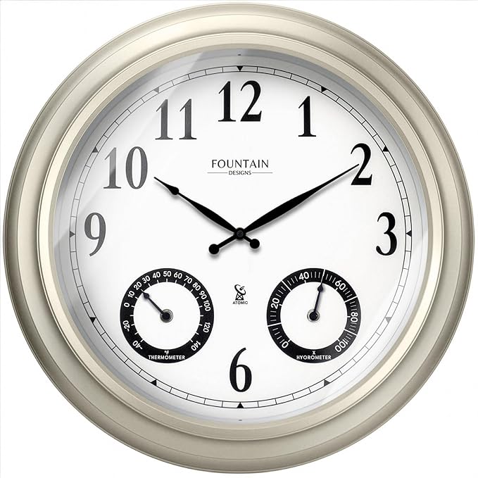 20" Evander Outdoor Atomic Clock with Thermometer & Hygrometer, 3 in 1 Weather Stations, Large Wall Clocks for Living Room Decor,Modern Farmhouse Home Decor (Morning Silver)
