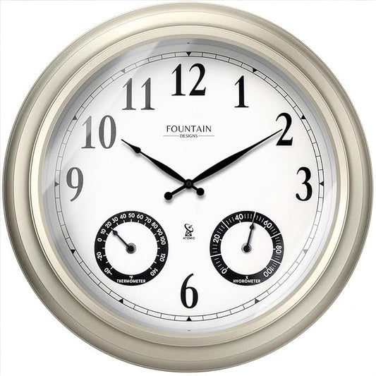 20" Evander Outdoor Atomic Clock with Thermometer & Hygrometer, 3 in 1 Weather Stations, Large Wall Clocks for Living Room Decor,Modern Farmhouse Home Decor (Morning Silver)