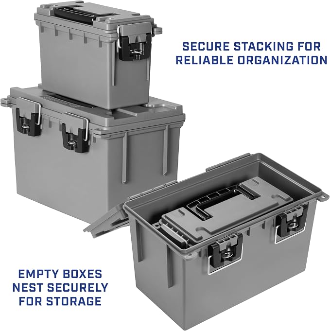 Sheffield Ammo Box Made in USA, Stackable Lockable Ammo Storage Box, Gray | XL & Standard Lockable Storage Box, Water & Dust Resistant Dry Box, Secures Hunting Gear, Gun Accessories, Supplies, Bullets
