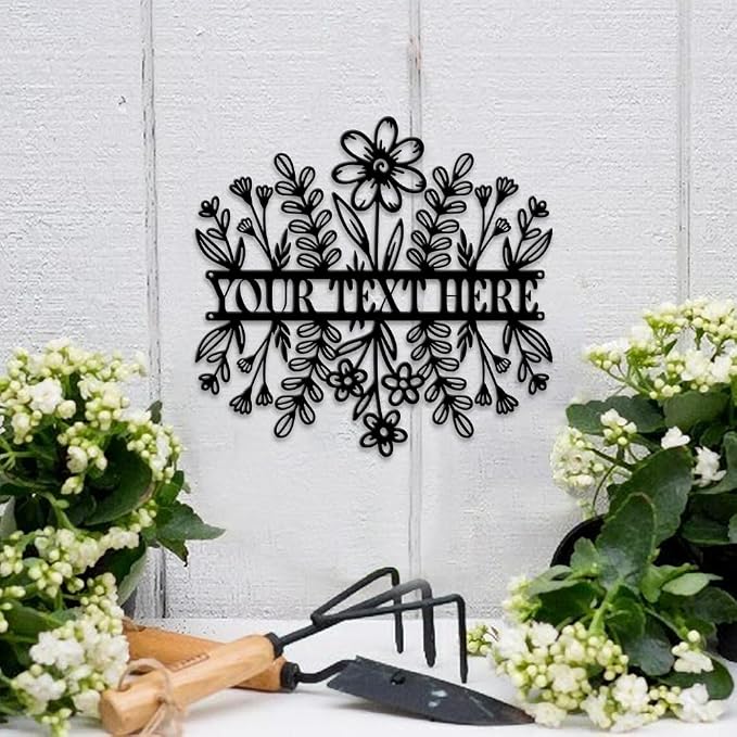 MeMate Custom Name Garden Sign - Metal Flowers Art Decoration, Personalized, 8-24 Inches, Housewarming Gift
