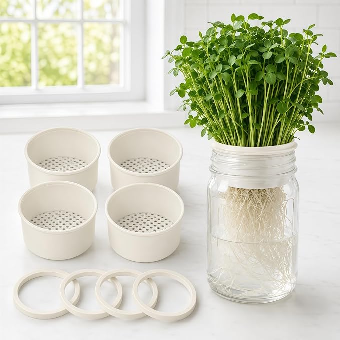 Microgreens Growing Kit Compatible with Mason Jar, Deep Seed Sprouter Insert with 4 Adjustment Rings, Indoor Hydroponic Garden Setup