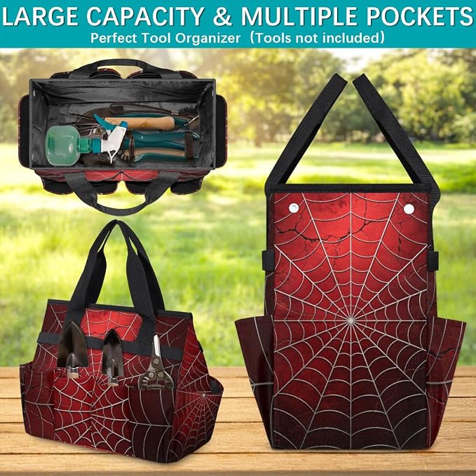 Gardening Tool Bag,Heavy Duty Garden Tote Bag,Portable Oxford Gardening Storage Basket Organizer Handbag with Pockets Handle,Hand Tools Gifts for Outdoor Garden Lawn Spiders Web Red