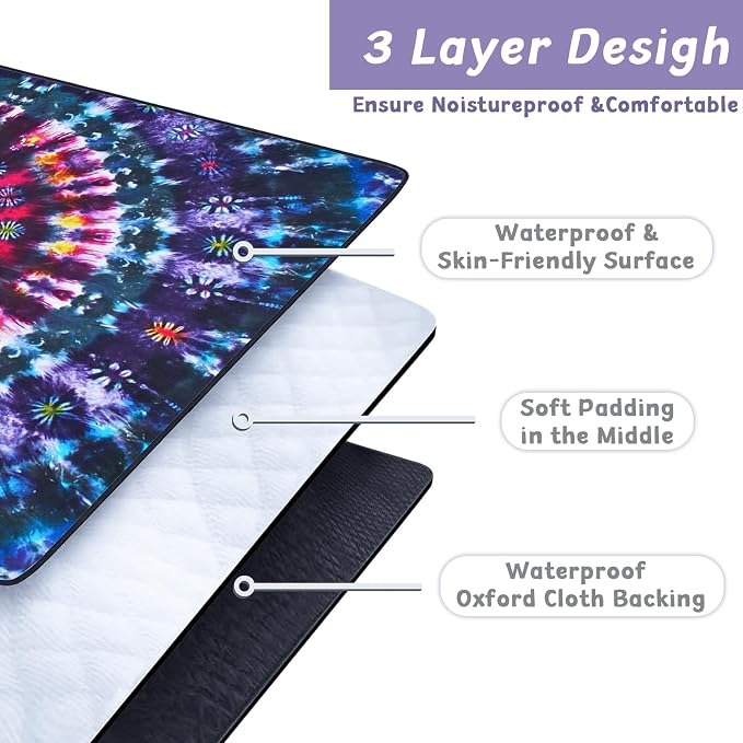 Picnic Blankets Extra Large Waterproof, 80"x 80" Tie-dye Beach Mat with Corner Pockets Windproof Sandproof Foldable Portable 3-Layer Mat Darker for Wet Grass,Parks,Music Festival,Camping,Concerts