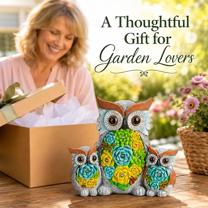 Solar Garden Statue Lights, Owl Family Decor with LED Succulent Flowers, Cute Solar Owl Figurines, Waterproof Resin Outdoor Yard Art for Patio Lawn Porch, Garden Gifts for Women Mom Grandma