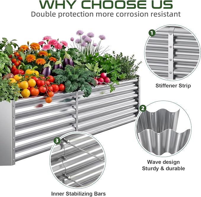 AHEONLAR 2 Pack 8×4×1.5ft Galvanized Raised Garden Beds Outdoor, Rectangle Sturdy and Durable Planter Boxes for Vegetables, Fruits, Flowers and Plants, Easy Assembly, Silver