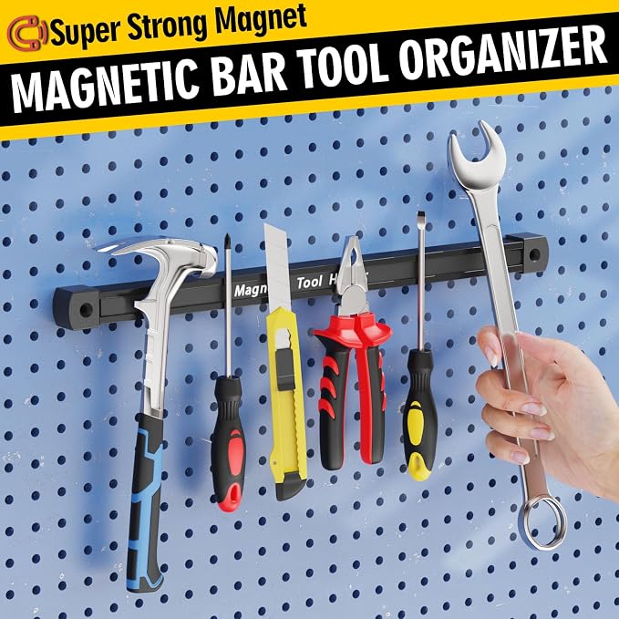 Double Sided Magnetic Tool Holder, 12 Inch Magnetic Tool Bar, Heavy Duty Wall Mount Strip with Ultra Strong Magnet for Garage, Workshop, Jobsite, Shed and Kitchen (2 Pack)