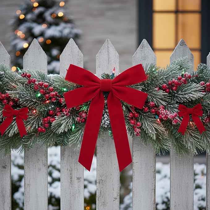 Soulchen 12 Pcs 20 Inches Christmas Garland Ties with Large Velvet Bows Reusable Holiday Wreath Twist Tie Bows for Banister Christmas Tree Indoor Outdoor Party Decorations (Red)