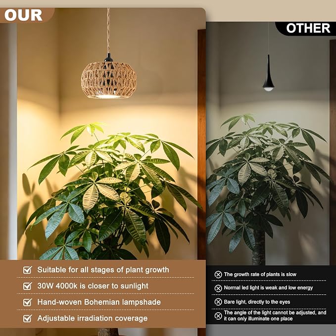 Grow Lights for Indoor Plants, Boho Plants Light, with 24H Timer and 15FT Power Cord, 30W Pendant Plant Lights for Indoor Growing,Grow Light for Garden, Flowers, Green Leaf Growing