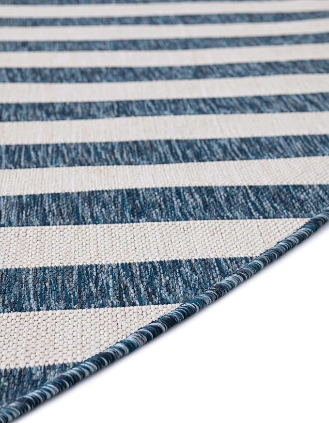 Unique Loom Outdoor Striped Collection Area Rug - Striped (5' 3" Round Blue/Ivory)