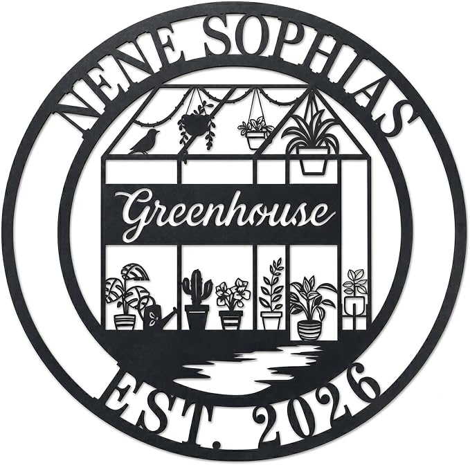 Personalized Metal Greenhouse Sign Custom Garden Name Sign for Outside Yard Patio Decor Botanical Wall Art Gift for Mom Grandma Gardener