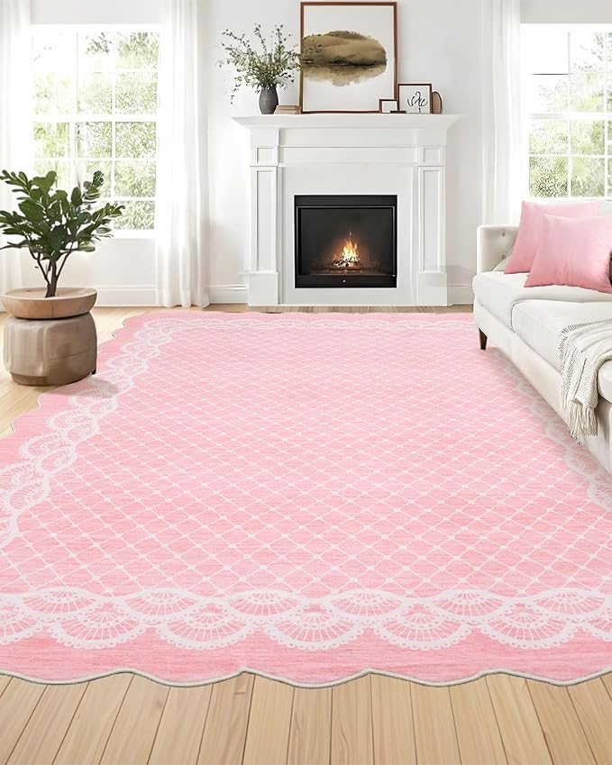 Garvee Washable Scalloped 5x7 Pink Area Rug for Girls Room | Lace Pink Rug for Bedroom Dorm, Washable Rugs 5x7 Soft Low Pile Non Slip Scalloped Rugs for Under Table Nursery Bedroom