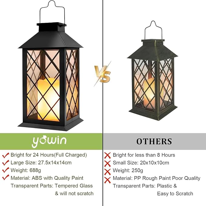 Yowin Solar Lanterns Outdoor Waterproof 14" Large Tempered Glass Solar Hanging Lantern for Outside with Flickering Candle, Mother's Gift Ideas, Wall Lamps for Garden Patio Vintage Decorations - Black
