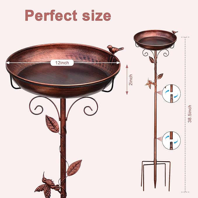 Bird Bath for Outside 38.5 Inch Bronze Freestanding Garden Birdbath | Metal bird bath with floral scroll 5-Pronged Base Deep large bowl for birds drinking & bathing Yard patio landscape decor