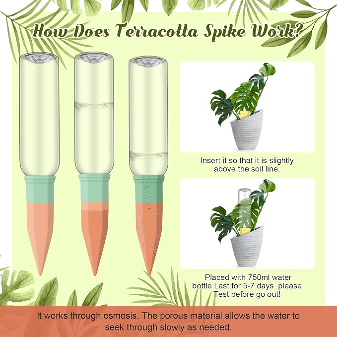DoubleFill 8 Pcs Terracotta Plant Watering Spikes Self Watering Planter Insert Automatic Plants Waterer Devices 8 Colors Slow Release Stakes for Indoor Outdoor Vacation