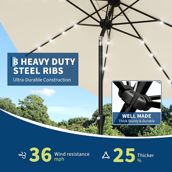 GarveeLife Patio Umbrella with Solar Lights, Outdoor Table Umbrella with 8 Durable Ribs, Tilt & Crank Mechanism, Water & UV Protection Sun Shade Umbrella for Garden, Poolside, Backyard (Beige, 9 FT)