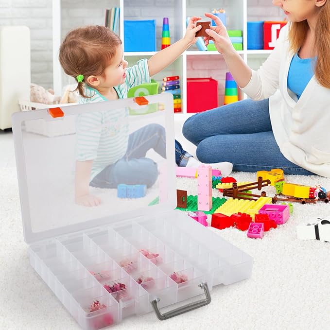 2 Packs Large 48 Grids Clear Plastic Organizer Boxes with Dividers | Adjustable Compartment Organizer Boxes for Jewlery Storage Bead Organizer Rock Collection Box, Grid Box for Nail/Tackle/Arts