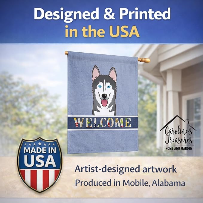 Caroline's Treasures BB1404CHF Alaskan Malamute Welcome House Flag, Blue Large Porch Sleeve Pole Decorative Outside Yard Banner Artwork Wall Hanging, Polyester, House Size, Multicolor