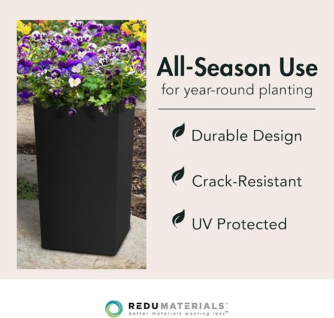 Tierra Verde Indoor & Outdoor Self-Watering Square Planter, Citadel Horizon, 13.5" x 26", Black - Planting Containers for Plants and Flowers - Gardening and Landscaping Accessories