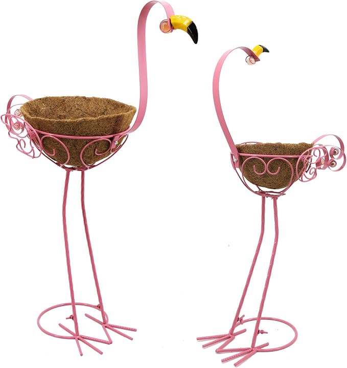 Pink Flamingos Metal Potted Plants Holders with Coconut Flower Pots | Manortang Set of 2 Yard Flamingos Plant Stand Indoor & Outdoor, Floral Garden Christmas Decor, Flower Pot Stand Outdoor