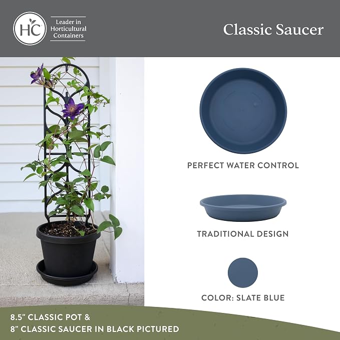 The HC Companies 8 Inch Classic Round Plant Saucer, Lightweight UV-Resistant Plastic Outdoor & Indoor Flower Pot Tray, 4-Pack Plant Pot Trays for Garden & Home Decor, Slate Blue