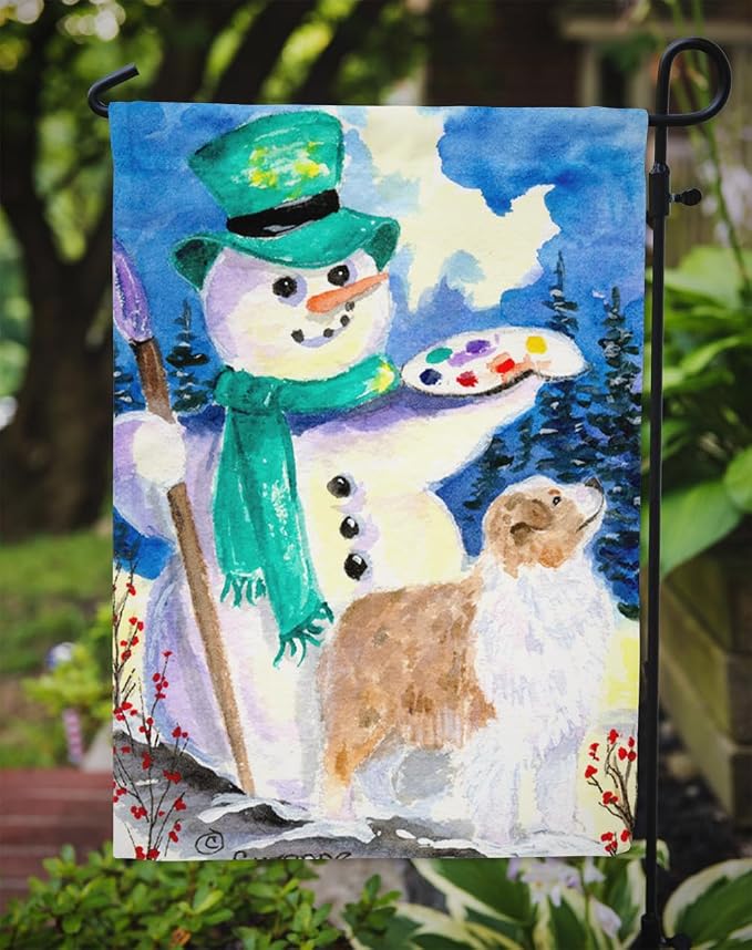 Caroline's Treasures SS8996GF Snowman with Australian Shepherd Garden Flag Mailbox Flag Decorative Yard Flag Banner Outside Patio Artwork Yard Flower Beds, Garden Size, Multicolor