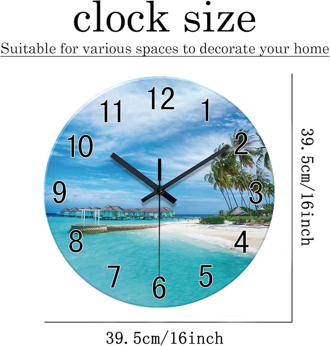 XFM Blue Beach Wall Clock 16 Inch Silent Coastal Nautical | Non-Ticking Battery Operated Modern Glass Decorative for Living Room Kitchen Bedroom Office