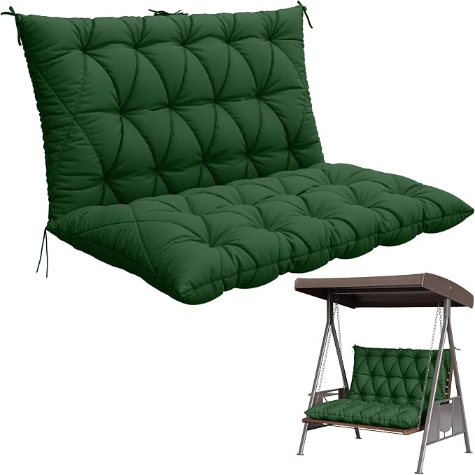 Porch Swing Cushion with Backrest,Waterproof Bench Cushion for Outdoor Furniture,2-3 Seater Replacement Thickened 5 in swing cushion,with Ties,Patio,Outdoor,Backyard and Garden (Green,47x40 in)