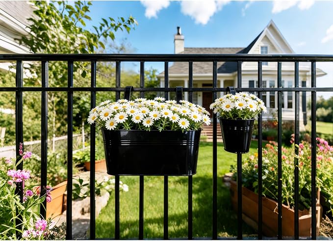 Set of 4 Outdoor Metal Railing Planters Box - 2 Pcs 5.12" Round Balcony Hanging Planter & 2 Pcs 17" Oval Fence Pot with Detachable Hooks Drainage, Black